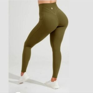 Buffbunny Monarch Olive Green Crossover High Rise Pocket Tight Leggings